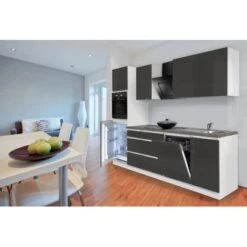 Respekta Küchenzeile GLRP280HWG 280 Cm Grau Hochglanz Granit-Optik Grifflos -Grohe Store Kuechenzeile GLRP280HWG 2