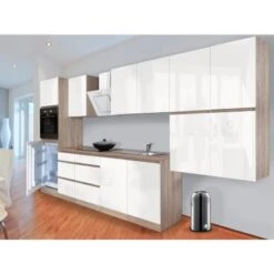 Respekta Küchenzeile GLRP370HESW Grifflos 370 Cm Weiß Hochglanz-Sonoma Eiche -Grohe Store Kuechenzeile GLRP370HESW 1